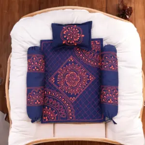Navy Blue Baby Nakshi Katha Combo Set (4 Pcs) | Handmade Cotton Bedding | Suta.bd