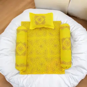 Handmade Nakshi Katha Set (4 Pcs) | Soft Cotton Baby Bedding Set | Bright Yellow | Suta.bd