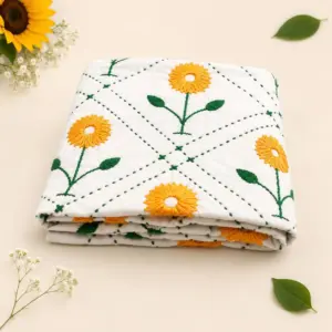 Premium Baby Nakshi Katha Towel | Handmade Sunflower Embroidery (35x26 Inch)