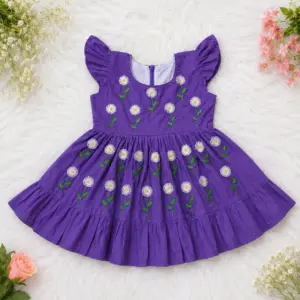 Purple Daisy Flower Embroidery Baby Girl Dress | Handmade Cotton Frock