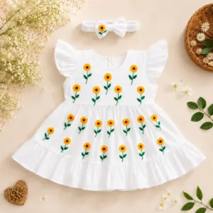 Sunflower Hand Embroidery Baby Dress with Matching Hairband | White Cotton Frock | Suta.bd
