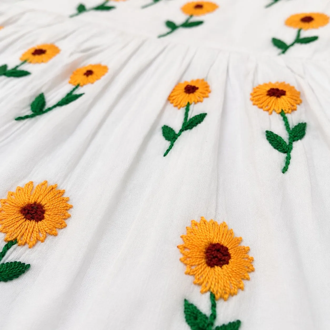 Sunflower Hand Embroidery Baby Dress with Matching Hairband | White Cotton Frock | Suta.bd