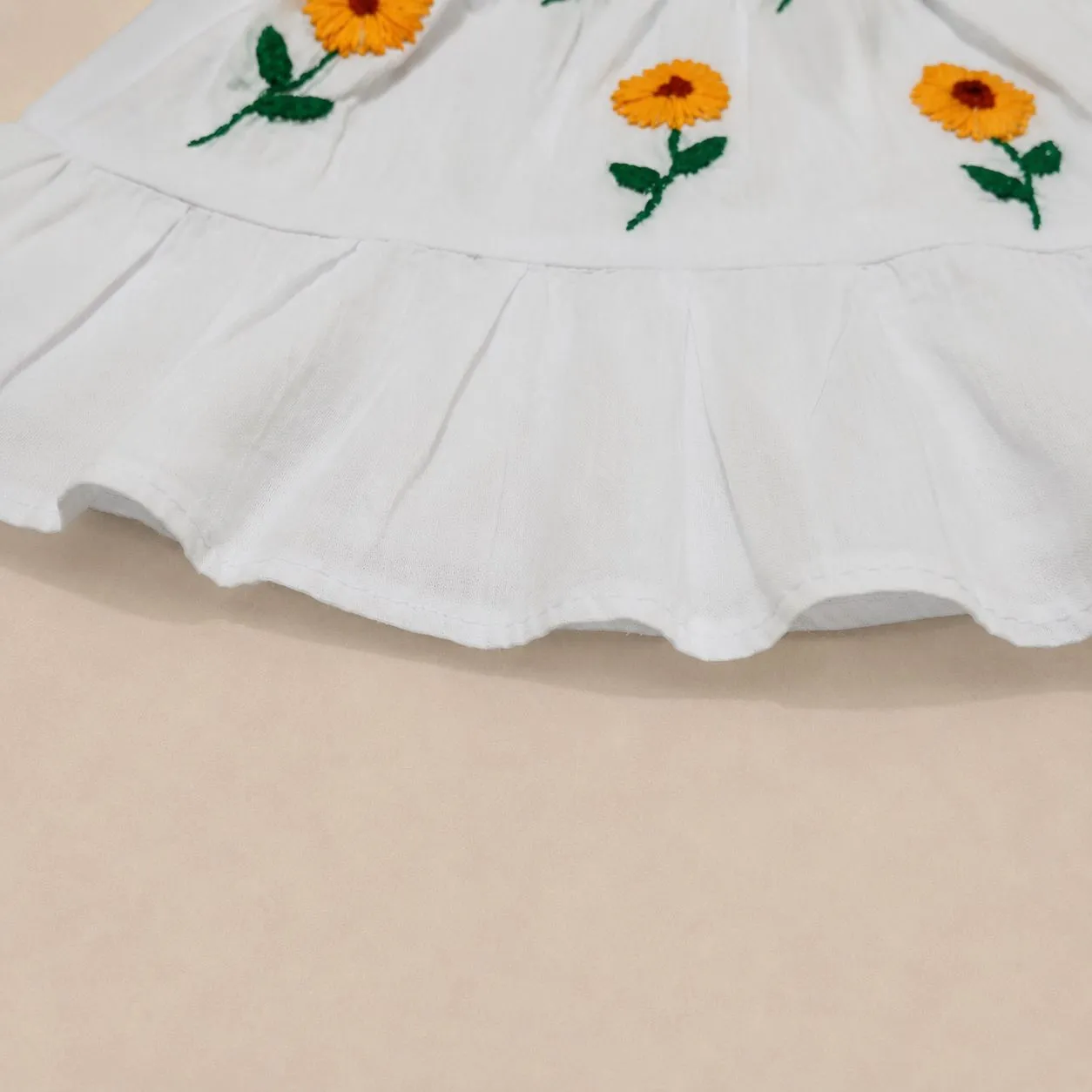 Sunflower Hand Embroidery Baby Dress with Matching Hairband | White Cotton Frock | Suta.bd