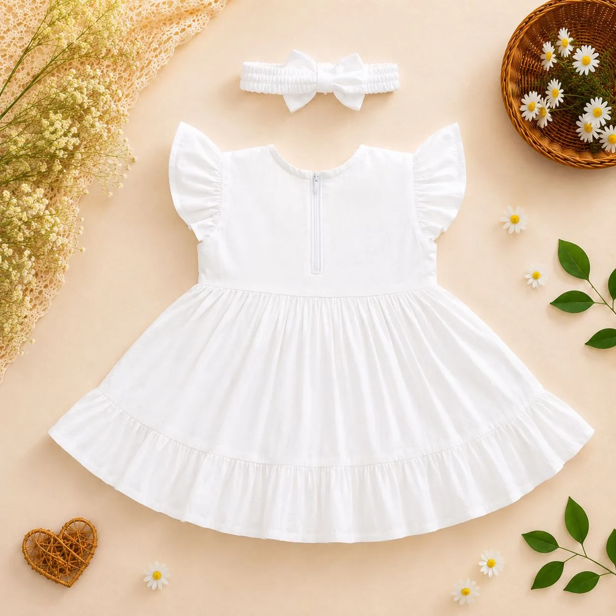 Sunflower Hand Embroidery Baby Dress with Matching Hairband | White Cotton Frock | Suta.bd