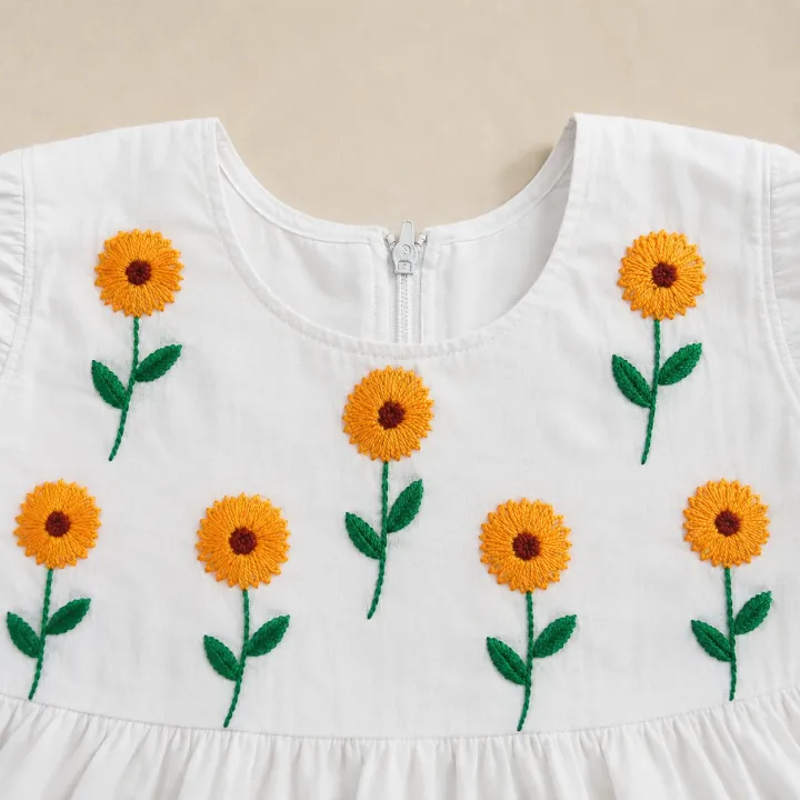Sunflower Hand Embroidery Baby Dress with Matching Hairband | White Cotton Frock | Suta.bd